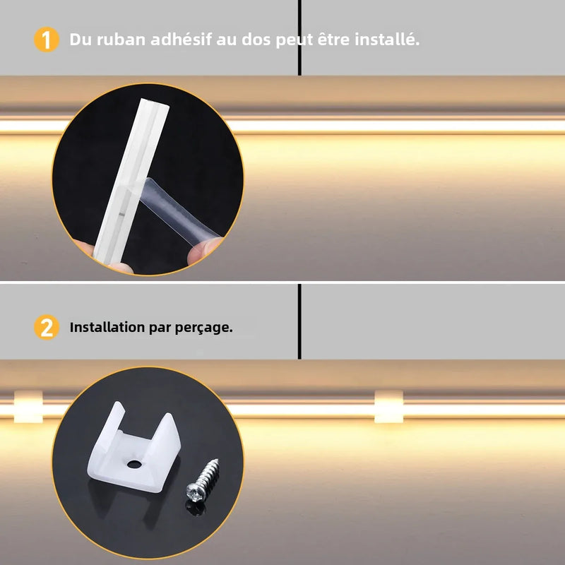 Ruban LED 220 V silicone ignifuge – pose adhésive ou par perçage avec clips