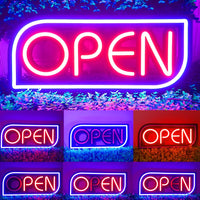 Panneau lumineux OPEN – six couleurs de cadre sous les lettres OPEN