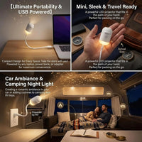 Veilleuse projecteur d'étoiles tactile – format de poche : capsule dans la paume, usage avec un ordinateur et en camping-car