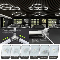 Plafonnier LED hexagonal – connecteurs et plafonds hexagonaux dans un garage