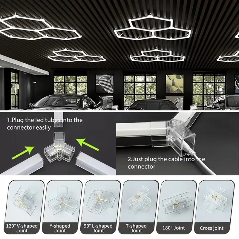 Plafonnier LED hexagonal – connecteurs et plafonds hexagonaux dans un garage