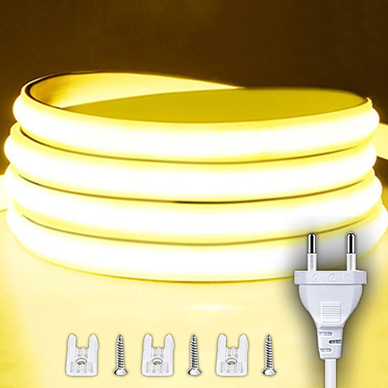 Ruban LED COB 220 V – blanc chaud enroulé avec prise européenne et clips de fixation