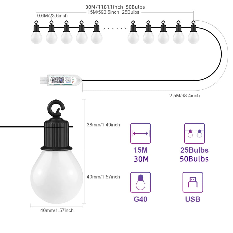 Guirlande guinguette WiFi G40 – schéma de l'ampoule G40 et du contrôleur USB