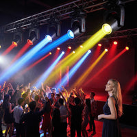 Lyre beam 14R 290 W à lampe – faisceaux jaunes et bleus au-dessus d'une soirée en club