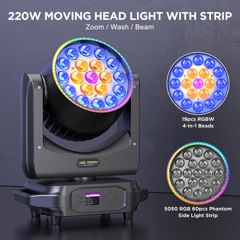 Lyre wash zoom 220 W – 19 LED RGBW 4 en 1 et anneau lumineux de 60 LED RGB