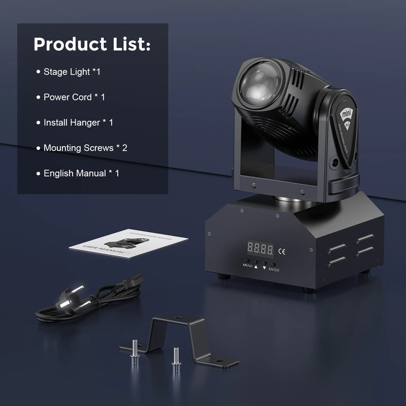 Mini lyre LED RGBW 10 W – contenu : lyre, cordon d'alimentation, support, vis et manuel