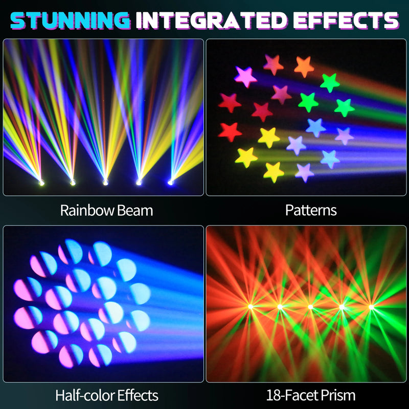 Lot de 4 lyres beam LED 200 W, anneau RGB, 11 gobos, prisme 18 facettes, DMX