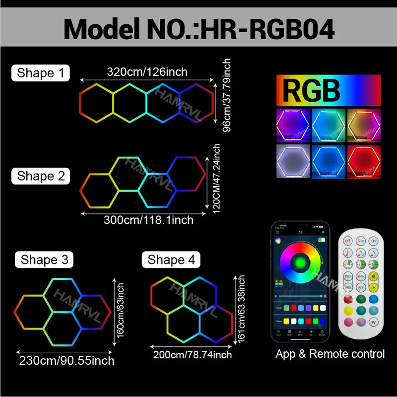 Éclairage LED hexagonal RGB pour garage, de 1 à 11 hexagones, application et télécommande