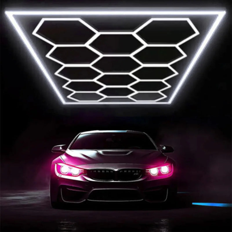 Kit éclairage 14 hexagones – plafond lumineux au-dessus d'une voiture sombre