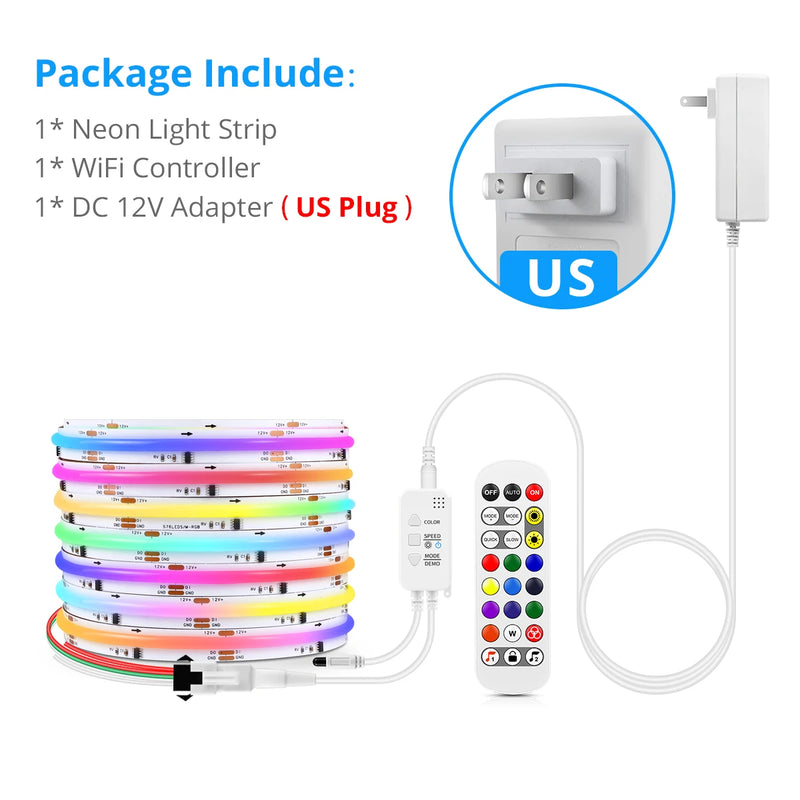 Ruban LED RGBIC COB connecté Wi-Fi – kit avec contrôleur Wi-Fi et adaptateur 12 V, prise US