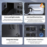 Machine à brouillard 2000 W en flight case – détails : brume légère, bouchon anti-reflux, boîtier intégré et connecteurs DMX et d'alimentation