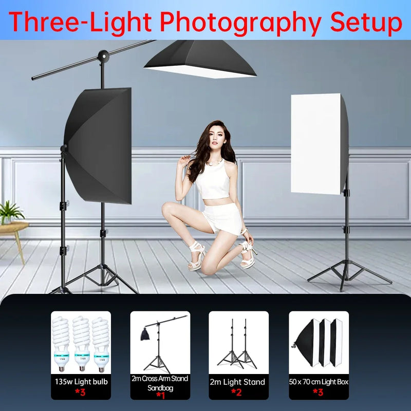 Kit studio photo softbox 50x70 cm, pied 2m, 1 à 3 lumières