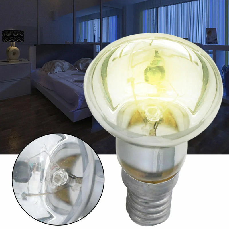 Ampoule E14 R39 pour lampe à lave – ampoule réflectrice allumée dans une chambre, détail du filament