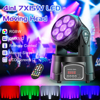 Lot de 2 mini lyres LED wash 7 x 15 W – fonctions RGBW, DMX512, télécommande et maître-esclave