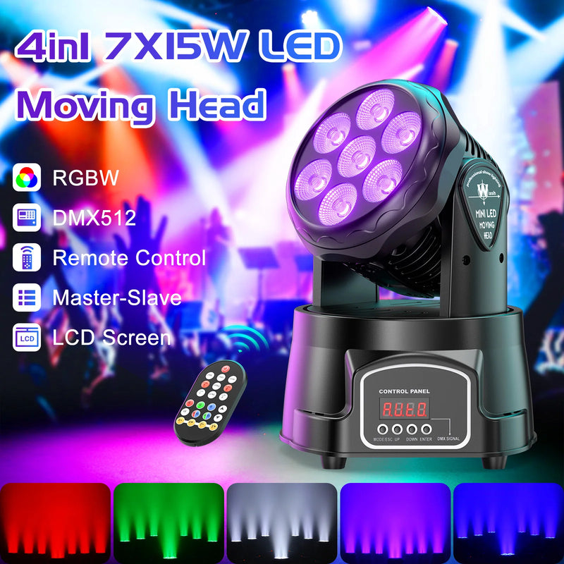 Lot de 2 mini lyres LED wash 7 x 15 W – fonctions RGBW, DMX512, télécommande et maître-esclave