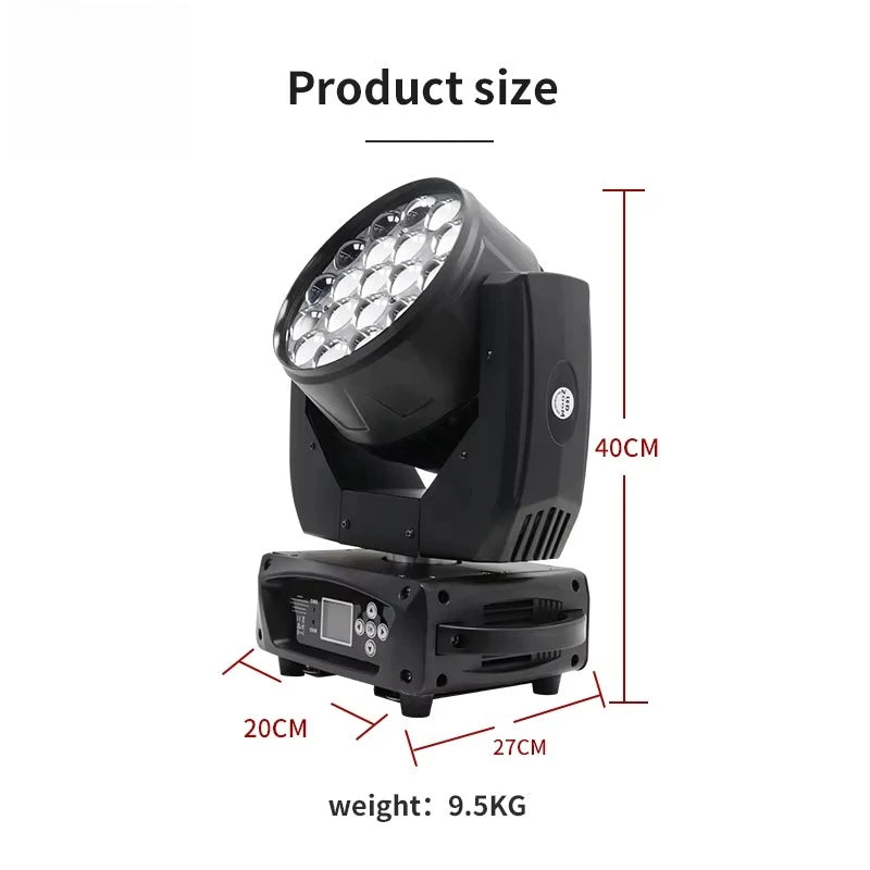 Lyre LED wash zoom 19 x 15 W – une lyre vue de face avec son poids de 9,5 kg