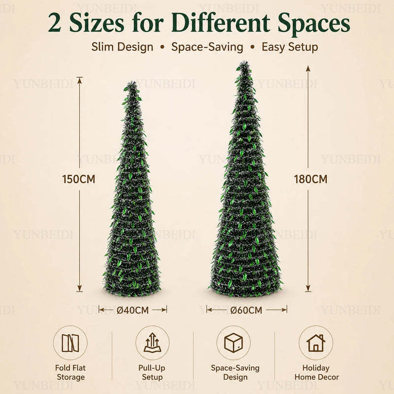 Sapin lumineux pliable télescopique à LED blanc chaud, 150 ou 180 cm