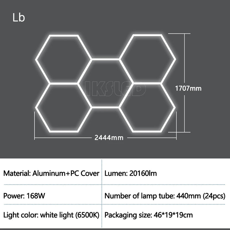 Plafonnier LED garage 6500 K, 5 hexagones, cadres ou croix à chevrons