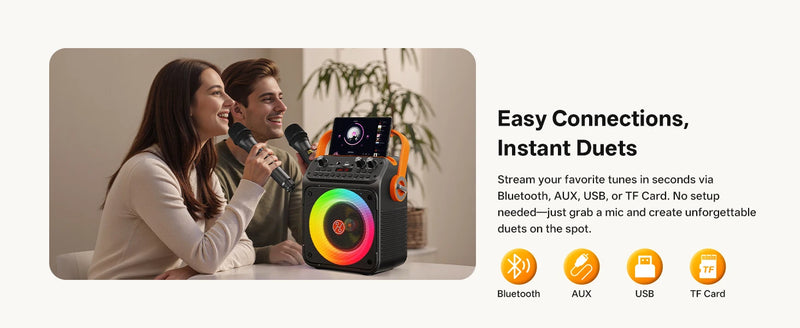 Enceinte karaoké familiale – duo de chant avec connexions Bluetooth, AUX, USB et carte TF