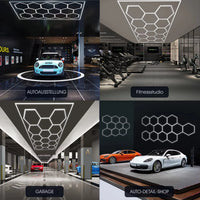 Plafonnier LED 14 hexagones – usages en exposition automobile, salle de sport, garage et détailing