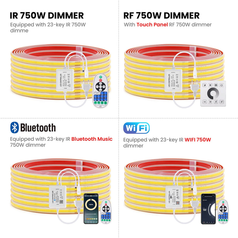 Ruban LED extérieur 220 V COB IP65 – quatre variateurs : infrarouge, tactile RF, Bluetooth et Wi-Fi