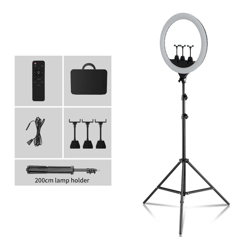 Ring light LED 45-48 cm, trépied au choix, 3 supports téléphone