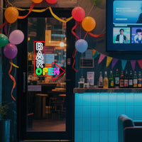 Enseigne néon BAR OPEN en flèche – entrée de bar à ballons, seconde vue