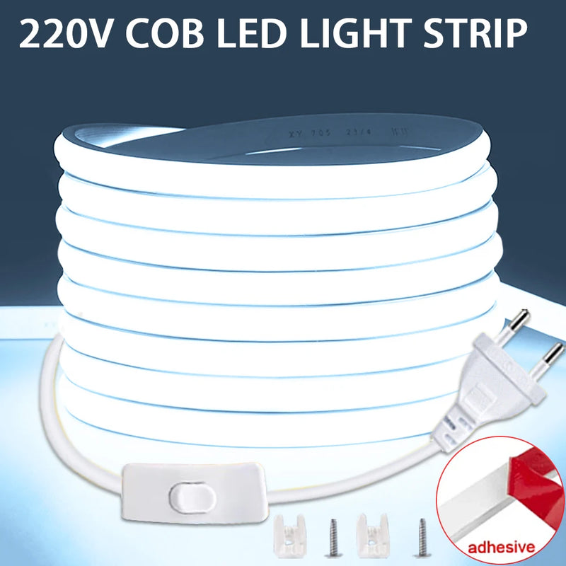 Ruban LED COB 220 V à prise et interrupteur, 288 LED/m, 1 à 20 m