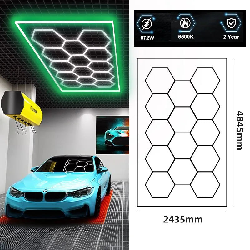Éclairage LED hexagonal garage 14 hexagones 672 W, cadre couleur au choix