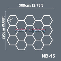 Plafonnier LED hexagonal – schéma du format 15 hexagones, 388 x 295 cm