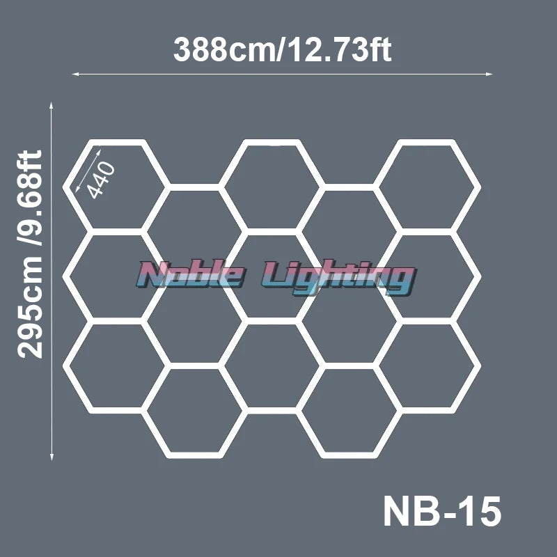 Plafonnier LED hexagonal – schéma du format 15 hexagones, 388 x 295 cm