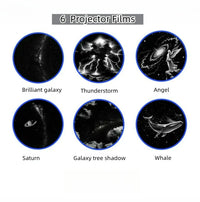 Projecteur galaxie 2 en 1 tactile – les 6 films avec leurs noms : galaxie brillante, orage, ange, Saturne, ombre d'arbre et baleine