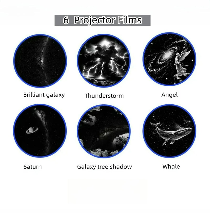 Projecteur galaxie 2 en 1 tactile – les 6 films avec leurs noms : galaxie brillante, orage, ange, Saturne, ombre d'arbre et baleine