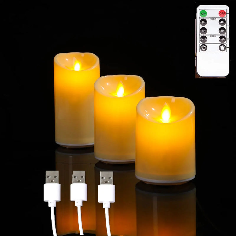 Bougies LED à mèche mobile – 3 bougies allumées avec télécommande et câbles USB