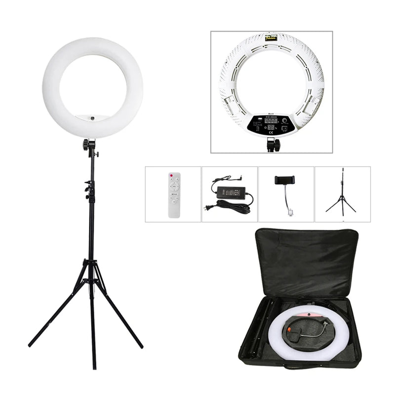 Ring light 45 cm bicolore – kit blanc : anneau, télécommande, adaptateur, support de téléphone, trépied et sac