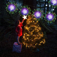Guirlande lumineuse effet feu d'artifice – grappes multicolores près d'un sapin de Noël