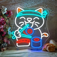 Enseigne néon sushi – modèle chat qui mange des sushis