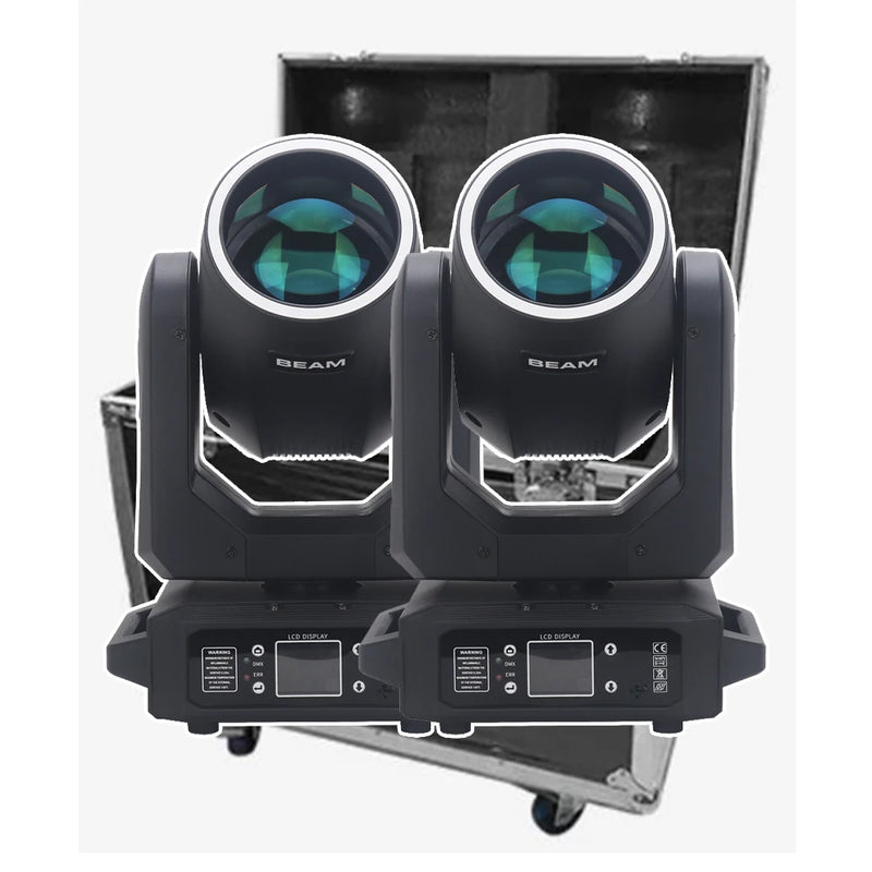 Lot de 2 lyres LED beam 200 W à anneau RGB – version avec flight case