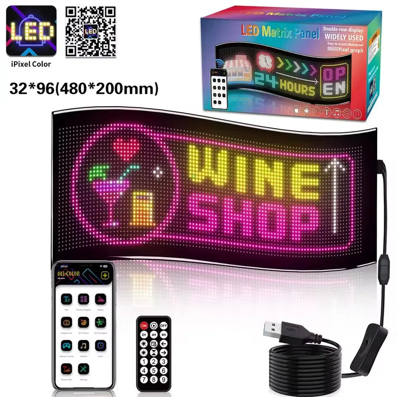Panneau LED défilant flexible – format 48 x 20 cm (32 x 96 LED) avec ses accessoires