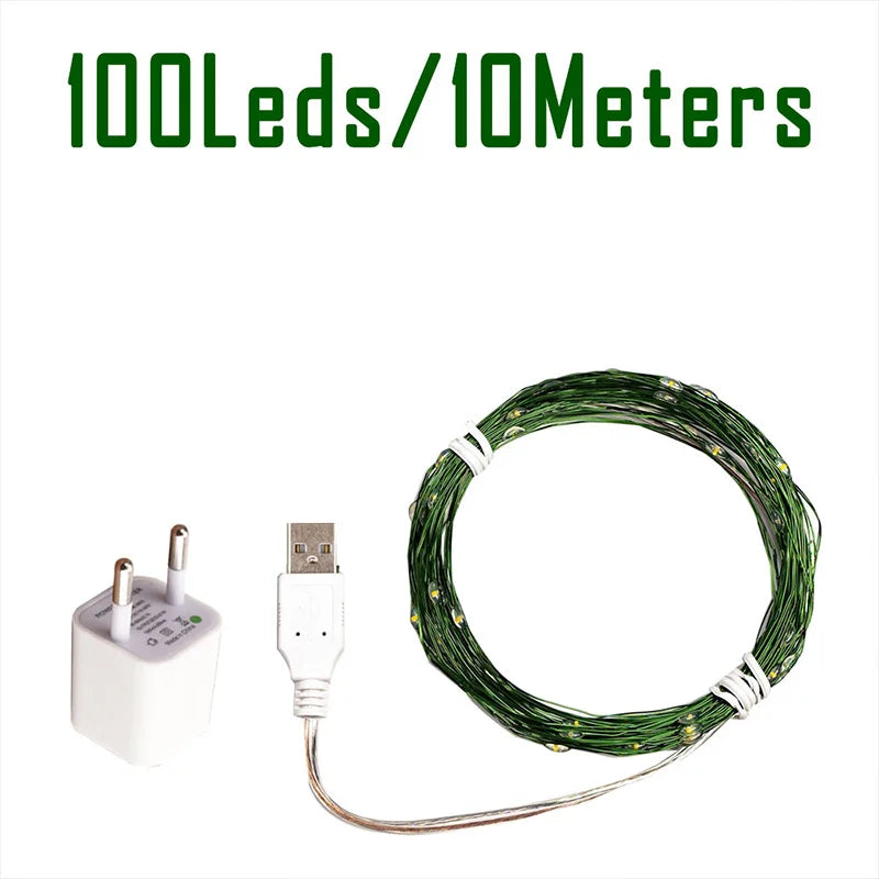 Guirlande lumineuse fil vert LED 10 à 200 m – modèle de 10 m à 100 LED avec chargeur USB