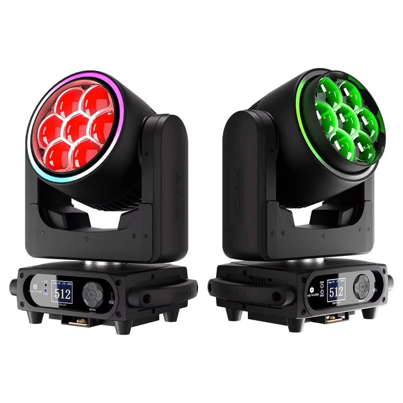 Lyre LED wash 7 x 40 W œil d'abeille à anneau – deux lyres allumées en rouge et en vert