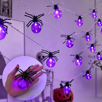 Guirlande araignées Halloween à piles, violet ou blanc chaud, 1,5 m