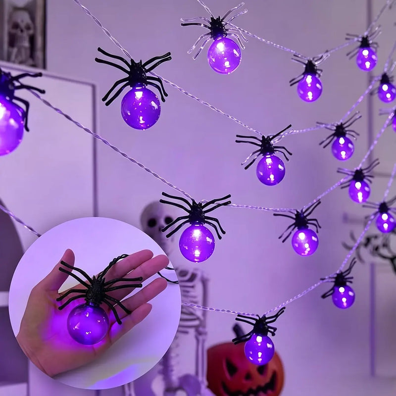 Guirlande araignées Halloween à piles, violet ou blanc chaud, 1,5 m