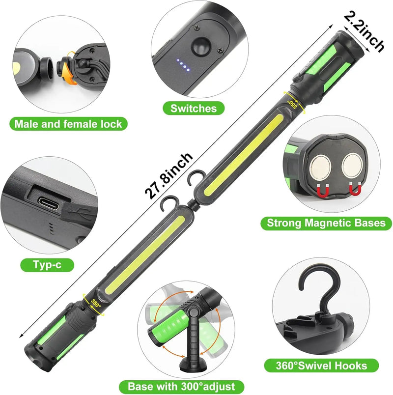 Lampe de travail LED 2 en 1 rechargeable de 2400 lumens, magnétique, crochets, USB-C