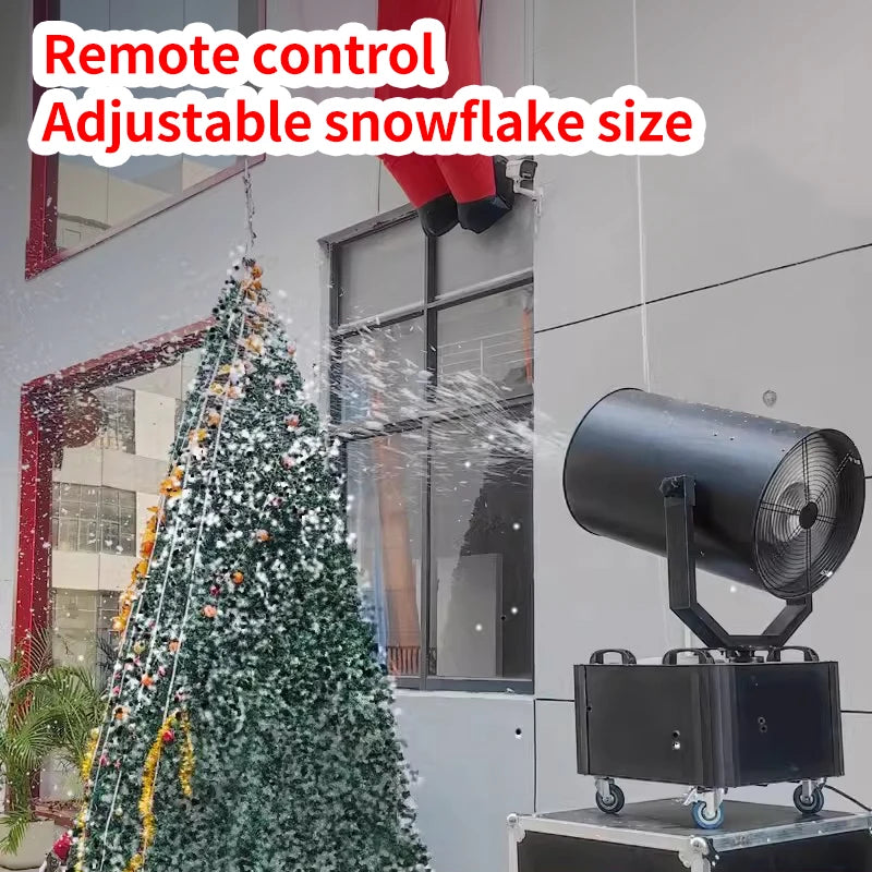 Machine à neige 3000 W – flocons projetés devant un sapin de Noël décoré