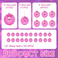 Boules à facettes déco en lot – tailles du lot de 28 pièces roses : 1 boule de 10 cm, 1 de 7 cm, 6 de 5 cm, 20 de 3 cm