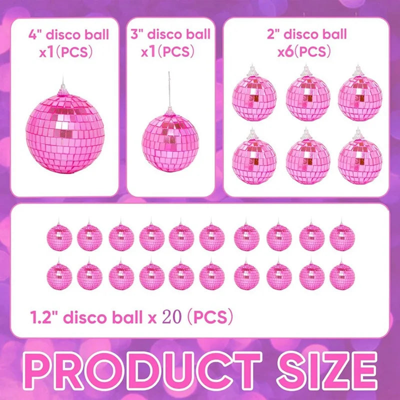 Boules à facettes déco en lot – tailles du lot de 28 pièces roses : 1 boule de 10 cm, 1 de 7 cm, 6 de 5 cm, 20 de 3 cm