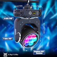 Lyre LED zoom 300 W – dimensions et mouvements de 540° et 205°
