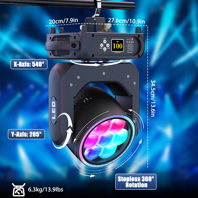 Lyre LED zoom 300 W – dimensions et mouvements de 540° et 205°