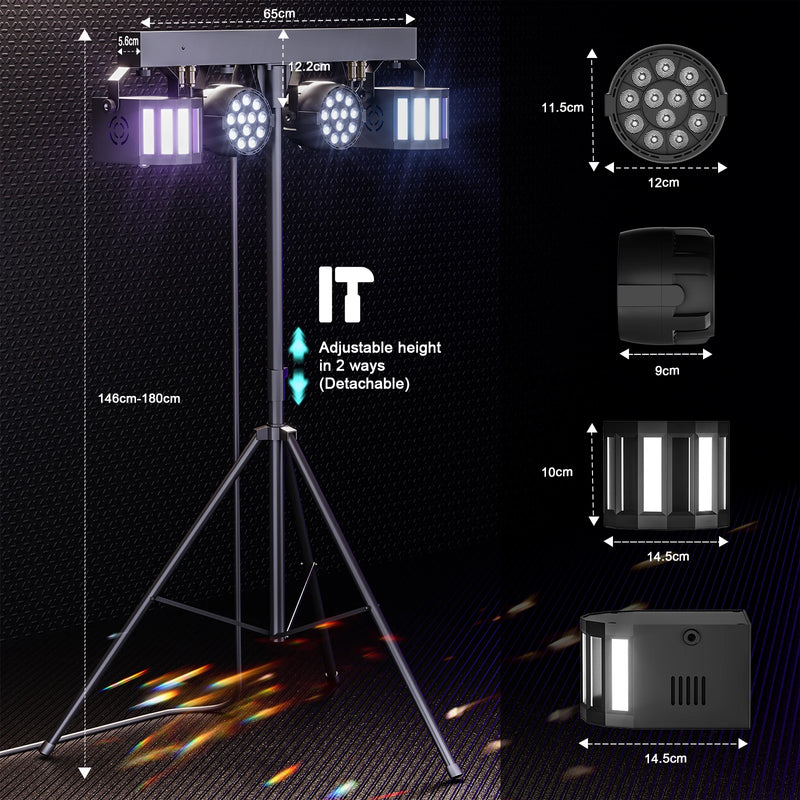 Kit jeux de lumière DJ 2 PAR LED et 2 derbys – dimensions de la barre de 65 cm, du pied de 146 à 180 cm et des appareils